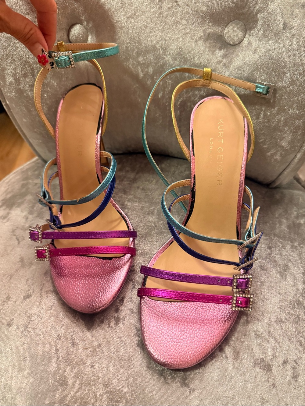 Kurt Geiger Multicolor Metallic Strappy Heels - Pink, Purple, Blue, Teal, Gold